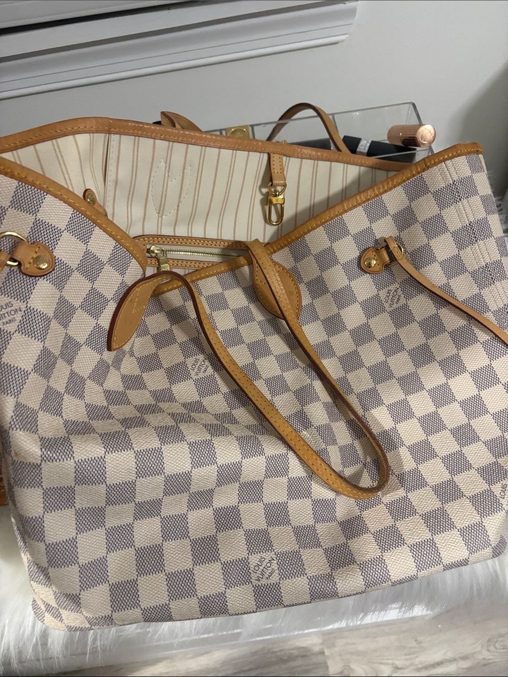 Designer-Inspired Cream Check Tote with Tan Trim